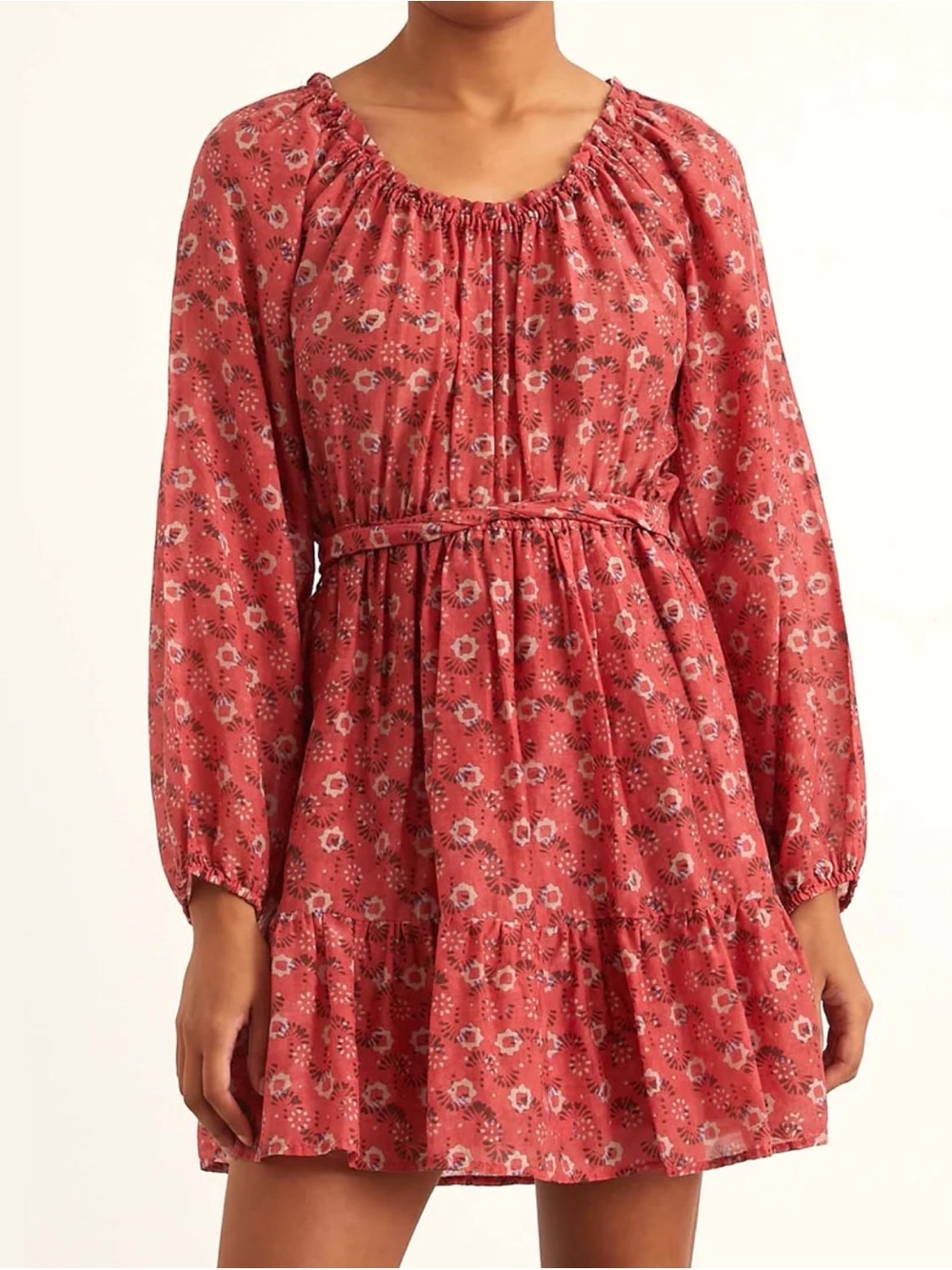 XiRENA Medium Jia Pink Floral Belted Silk Blend A-Line Long Sleeve Mini Dress